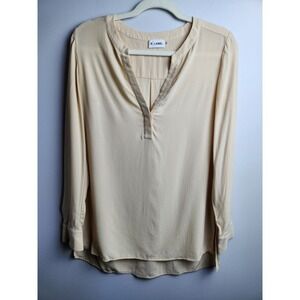 R Label 100% Silk long sleeve tunic Tan Sz S Button Cuff